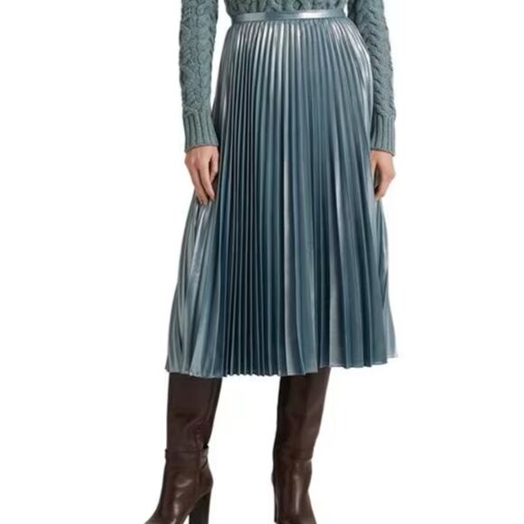 NEW Lauren Ralph Lauren Blue Metallic Pleated Chiffon Midi Skirt - Picture 2 of 15